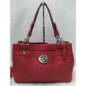 Coach Red Pebbled Leather Turn Lock Double Handles Satchel Shoulder Bag